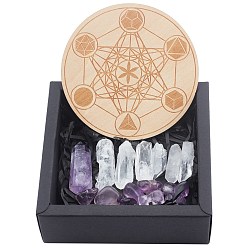 Аметист Набор для начинающих чакра, медитация драгоценные камни лечебные камни, с пластиной из натурального дерева, духовные дары для женщин, 9~46x8~17 мм