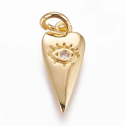 Golden Brass Pendants, with Cubic Zirconia, Heart with Evil Eye, Clear, Golden, 15.5x7x1.5mm, Hole: 3mm