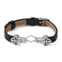 Черный Регулируемый браслет из коровьей кожи для изготовления бусин, с фурнитурой в виде цветов из латуни, инкрустированной микрофиброй и синтетическим бирюзовым камнем, и застежками из нержавеющей стали., цвет нержавеющей стали, чёрные, пригодный для 304 мм бусы, 11 дюйм (9.61 см)