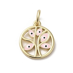 Pink Brass Enamel Charms, with Jump Ring, Real 18K Gold Plated, Flat Round with Tree & Evil Eye Charm, Pink, 15x13.5x1.4mm, Hole: 3.6mm