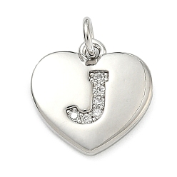 Letter J Латунные микропаве прозрачные подвески с фианитом, сердце прелести, без кадмия и без свинца, стойки покрытие, долговечный, платина, буква J, 15x15x2 мм, отверстие : 3 мм