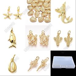 Plaqué 18K Or Véritable 16 pcs 8 styles pendentifs en laiton, breloques animaux marins, réel 18 k plaqué or, 10.5~22x6~14.5x2~5mm, Trou: 1~3.7mm, 2 pcs / style