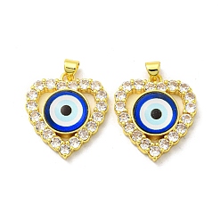 Dark Blue Real 18K Gold Plated Brass Pendants, with Glass and Acrylic, Heart with Evil Eye Charms, Dark Blue, 26x22.5x7mm, Hole: 4.5x3.5mm