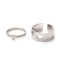 Stainless Steel Color 304 Stainless Steel Finger Rings Sets, Wide Band Cuff Rings and Finger Rings, Couple Rings for Valentine's Day, Heart, Stainless Steel Color, US Size 6 3/4(17.1mm), US Size 9 1/4(19.1mm), 2pcs/set