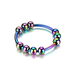 Rainbow Color Stainless Steel Anxiety Spinner Finger Rings for Women Men, Rotating Beaded Ring for Calming Worry, Rainbow Color, US Size 6(16.5mm), 4mm