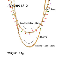 JDN20918-2 Chic French Titanium Steel Necklace with 18k Gold Plating and Enamel Tassel Charm on Double Cuban Chain