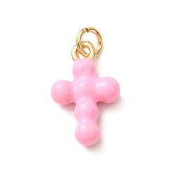 Pink Brass Pendants, with Enamel, Cross Charms, Rack Plating, Long-Lasting Plated, Lead Free & Cadmium Free, Real 18K Gold Plated, Pink, 17.5x11x4mm, Hole: 3mm