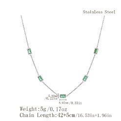 Plata Elegantes collares de eslabones rectangulares de acero inoxidable con circonitas cúbicas verdes para mujer., plata, 304 pulgada (16.54 cm)