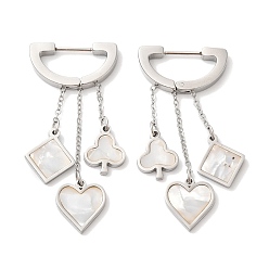 Stainless Steel Color Ace of Diamond & Hearts & Clubs Synthetic White Shell Dangle Hoop Earrings, 304 Stainless Steel Poker Card Drop Earrings, Stainless Steel Color, 45mm, Pin: 1mm