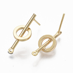 Real 18K Gold Plated Brass Stud Earring Findings, with Loops, Nickel Free, Bar with Ring, Real 18K Gold Plated, 20.5x8mm, Hole: 1mm, Pin: 0.7mm