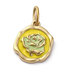 Желтый 304 нержавеющей стальной эмали подвески, с целью перехода в кольце, плоская круглая с подвеской в виде цветка, реальный 14 k позолоченный, ионное покрытие (ip), желтые, 15.5x13.5x2.5 мм, отверстие : 5x3 мм