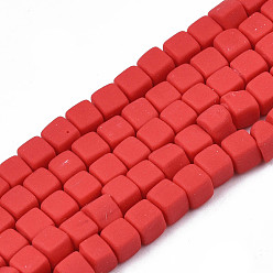 Roja Hechos a mano de los granos de la arcilla del polímero hebras, cubo, rojo, 4x4x4 mm, agujero: 1.4 mm, sobre 89~91 unidades / cadena, 15.55 pulgada ~ 15.94 pulgada (39.5~40.5 cm)