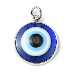 Stainless Steel Color Stainless Steel Pave Resin Pendants, Blue Evil Eye Charms with Jump Ring, Stainless Steel Color, 23x19.5x4.5mm, Hole: 4mm