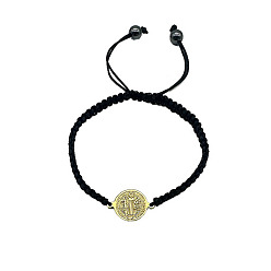 Golden Saint Benedict Alloy Link Bracelets, Adjustable Polyester Cord Braided Bracelets for Women, Golden, no size
