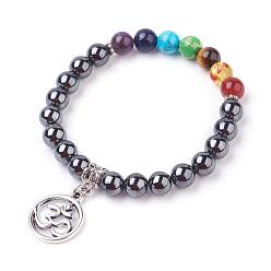 Mixed Stone Gemstone Charm Bracelets, Chakra Bracelets, with Alloy Findings, Ring with Om Symbol, 2 inch(50mm)