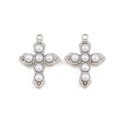 Platino Aleación con colgantes de perlas de imitación de plástico abs., encantos cruzados, chapado en rack, Platino, 20x14.5x5 mm, agujero: 1 mm