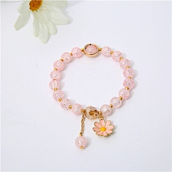 Pink Glass Round Beaded Stretch Bracelets, with Alloy Enamel Daisy Flower Charms, Pink, Inner Diameter: 2-3/8 inch(6cm)