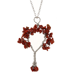 Red Jasper Natural Red Jasper Chips Tree of Life Pendant Necklaces, Brass Wire Wrap Necklace with Alloy Chains, 20.08 inch(51cm)