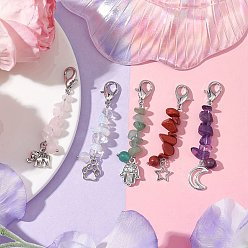 Смешанные камни Украшение из сплава с принтом луны/звезды/лапы, с бусинами из опалита, натурального розового кварца, красной яшмы, зеленого авантюрина и аметиста, 64 мм, 5 шт / комплект