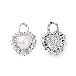 Platinum Alloy Rhinestone Pendants, with ABS Plastic Imitation Pearl Beads, Heart Padlock Charm, Platinum, 20x14x4.5mm, Hole: 4x4.5mm
