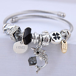 Black 0150735133 Dolphin Multi-Element Bohemian DIY Beaded Bracelet with Cute Crystal Stainless Steel Bangle
