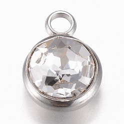 Clear Glass Charms, Faceted, with 304 Stainless Steel Findings, Flat Round, Clear, 14x10x6.5mm, Hole: 2.5mm