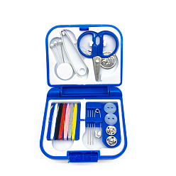 Azul Conjuntos de herramientas de costura, incluyendo agujas de coser, hilo de poliéster, alfileres de gancho, , botón a presión de costura, abrazadera, tijera, enhebrador de dispositivos de aguja de coser, azul, 70x65x17.5 mm