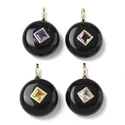 Обсидиан Природные подвески обсидиана, плоские круглые подвески с латунной микропаве из кубических цирконий случайных цветов, золотые, 22x16x6.5~8 мм, отверстие : 2.5x4 мм