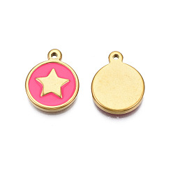 Deep Pink 304 Stainless Steel Enamel Pendants, Real 18K Gold Plated, Flat Round with Star, Deep Pink, 19x15x2.5mm, Hole: 1.6mm