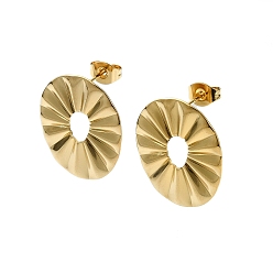 Real 18K Gold Plated Ion Plating(IP) 201 Stainless Steel Stud Earrings, with 304 Stainless Steel Pins, Grooved Donut, Real 18K Gold Plated, 21x18mm