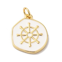Anchor & Helm Rack Plating Brass Enamel Pendants, Long-Lasting Plated, Cadmium Free & Lead Free, Real 18K Gold Plated, Flat Round Charm, Anchor & Helm, 18x15.5x2mm, Hole: 3.4mm