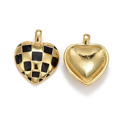 Черный Подвески из латуни с эмалью в стойку, долговечный, реальный 18 k позолоченный, без свинца и без кадмия, 3 d сердца, чёрные, 15x12x3.5 мм, отверстие : 1x2.5 мм