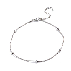 Stainless Steel Color 304 Stainless Steel Round Snake Chain Anklets, with Round Beads and Lobster Claw Clasps, Stainless Steel Color, 9-1/2 inch(24cm)
