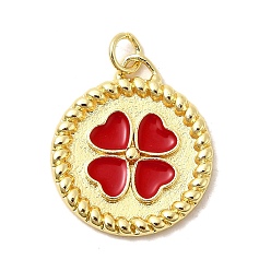 Красный Латунь эмаль подвески, плоские круглые подвески с клевером и соединительными кольцами, без свинца и без кадмия, долговечный, стойки покрытие, реальный 18 k позолоченный, красные, 22.5x19.5x2.5 мм, отверстие : 3.4 мм