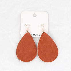 Burgundy Leather Double-sided Embossed Drop-shaped Earrings for Fashionable and Personalized Look