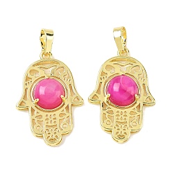 Полосатый Агат Подвески из натурального полосчатого агата (окрашенного и нагретого), латунные полые хамса ручные амулеты, стойки покрытие, без кадмия и без свинца, золотые, ярко-розовый, 33x22x6.5 мм, отверстие : 7.5x5 мм