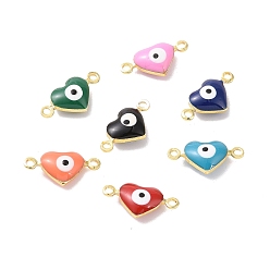 Mixed Color Brass Enamel Connector Charms, Real 18K Gold Plated, Heart with Evil Eye Pattern, Mixed Color, 7x14x3.5mm, Hole: 1.2mm