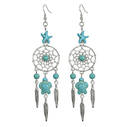 Light Sea Green Web with Feather Alloy Chandelier Earrings, Tortoise & Starfish Synthetic Turquoise Long Drop Earrings, Light Sea Green, 119x28mm