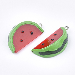 Red Resin Pendants, with Platinum Tone Iron Findings, Imitation Food, Watermelon, Red, 38~39x19~19.5x13~14mm, Hole: 2mm