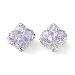 лаванда Латунные микро проложить кубического циркония бусы, квадратный, серебряные, лаванда, 10x10x11.5 мм, отверстие : 1.2 мм