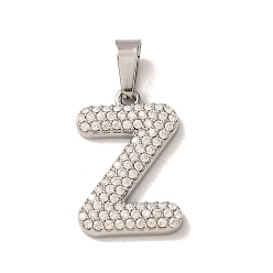Letter Z 304 Stainless Steel Micro Pave Clear Cubic Zirconia Pendants, Letter Charms, Stainless Steel Color, Letter Z, 18x11.5x2.5mm, Hole: 6x2.5mm