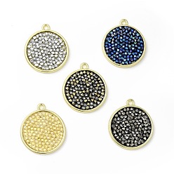 Mixed Color Rhinestone Pendants, with Light Gold Plated Brass Findings, Flat Round, Cadmium Free & Lead Free, Mixed Color, 25.5x22.5x2.5mm, Hole: 1.8mm