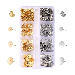 Golden & Stainless Steel Color 120Pcs 6 Style 304 Stainless Steel Stud Earring Pads, Flat Round, with 120Pcs Ear Nuts, Golden & Stainless Steel Color, 6~12x6~10x0.3mm, Pin: 0.7~0.8mm