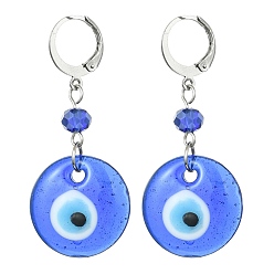 Royal Blue Evil Eye Glass Leverback Earrings, 304 Stainless Steel Dangle Earring for Women, Royal Blue, 46.5x20mm