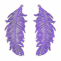Blue Violet Ion Plating(IP) 201 Stainless Steel Filigree Pendants, Etched Metal Embellishments, Feather, Blue Violet, 47x19x0.3mm, Hole: 1.2mm