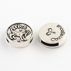 Aries Antique Silver Plated Tibetan Style Flat Round Alloy Slide Charms, with Constellation/Zodiac Sign, Cadmium Free & Lead Free, Aries, 17~18x5mm, Hole: 11x3mm, about 282pcs/1000g
