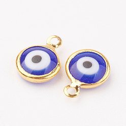Blue Lampwork Charms, with Brass Findings, Flat Round/Eye, Golden, Blue, 12x9x3mm, Hole: 1.5mm