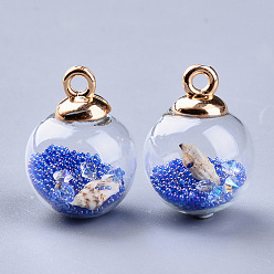 Royal Blue Transparent Glass Globe Pendants, with Resin & Resin Rhinestone & Conch Shell & Glass Micro Beads inside, Plastic CCB Pendant Bails, Round, Golden, Royal Blue, 21.5x16mm, Hole: 2mm