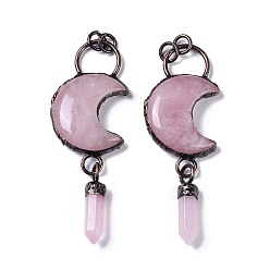 Rose Quartz Natural Rose Quartz Crescent Moon Big Pendants, Faceted Bullet Gems Charms with Red Copper Plated Brass Findings, 95x32x9mm, Hole: 6mm