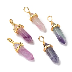 Fluorite Natural Colorful Fluorite Pendants, Faceted, with Golden Tone Brass Findings, Lead free & Cadmium Free, Bullet, 27~30x9~10x7~8mm, Hole: 4x3mm